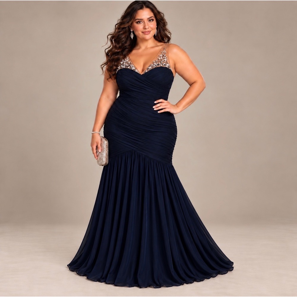 Adrianna Papell Navy Ruched Mermaid Evening Gown Embellished Illusion Neck Sz 14